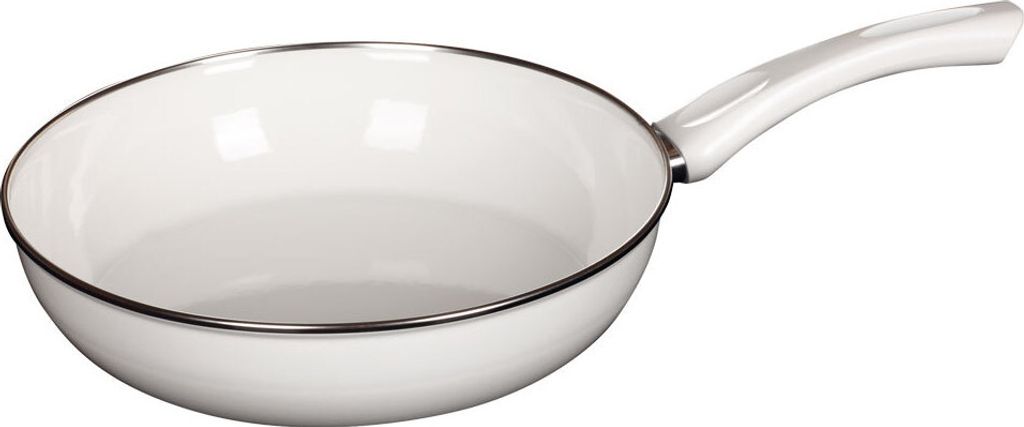 A white frying pan with a black rim and a white handle, isolated on a white background.