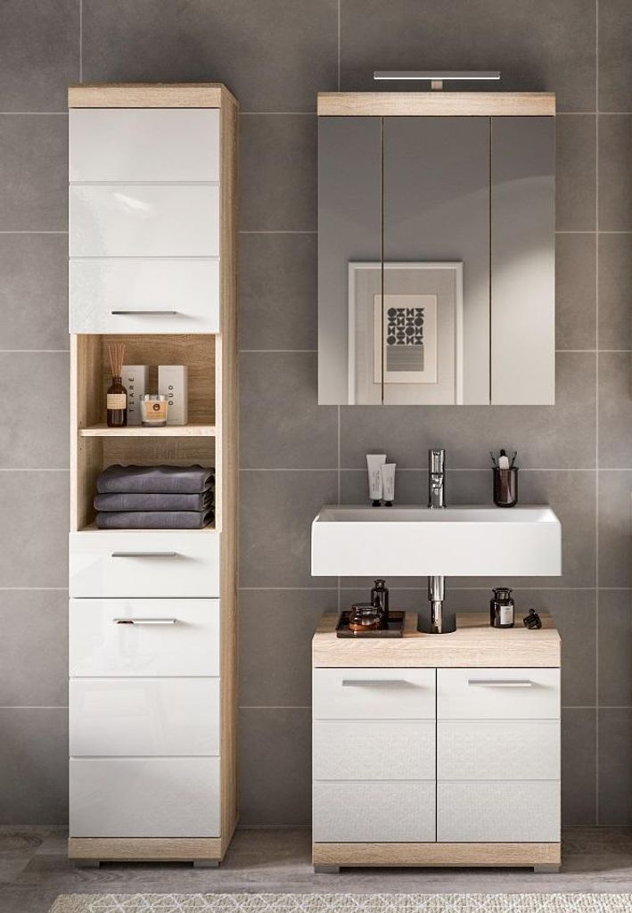 Lambada Badmöbelset L14 Weiß hochglanz, Eiche Nachbildung.