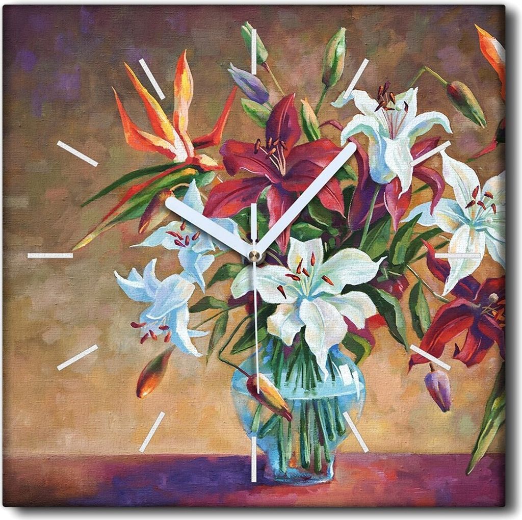 Coloray Uhr auf Leinwand 30x30 cm Wand Uhr Dekoration Wohnzimmer Segeltuch weiße Zeiger -Lilien Blumenpflanzen