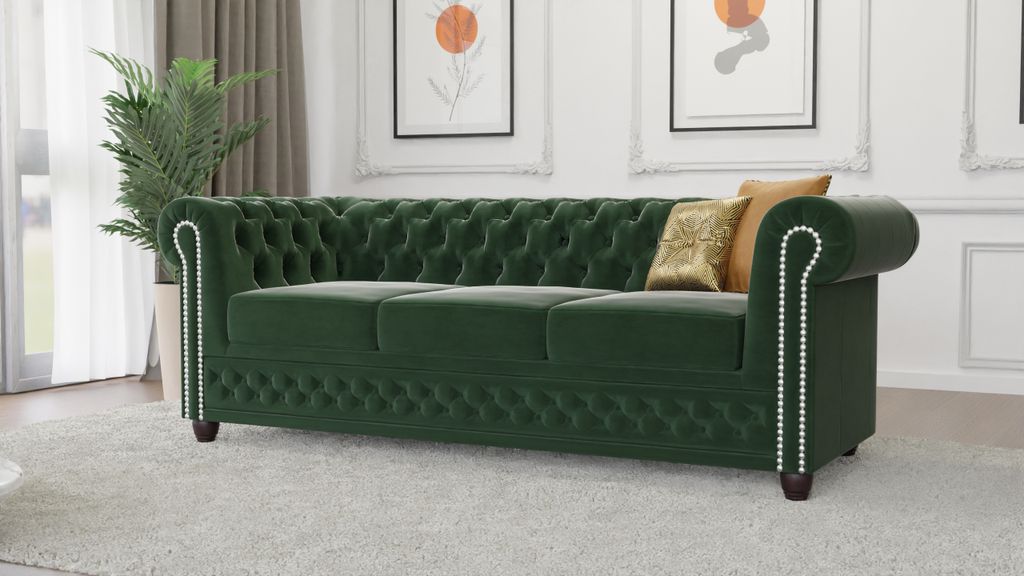 S-STYLE MÖBEL - Nox - Chesterfield 3 sitzer Sofa mit Schlaffunktion aus Flasche grün Samt-Stoff mit Holzfüßen, B/T/H: 203 cm / 86 cm / 72 cm