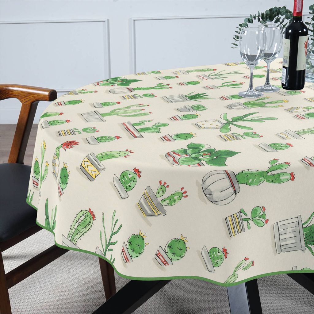 Tischdecke Kaktus aus Stoff mit Digitalprint Tischtuch EasyClean ACRYL Beschichtet Tischwäsche Digitaldruck Grün Oval 140x260cm mit Paspelband