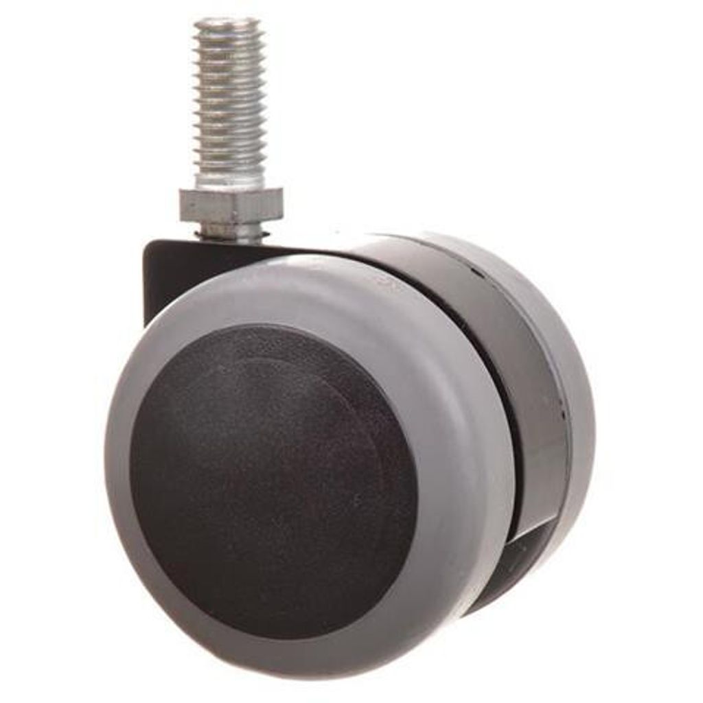 A close-up studio shot of a single caster wheel with a threaded bolt.