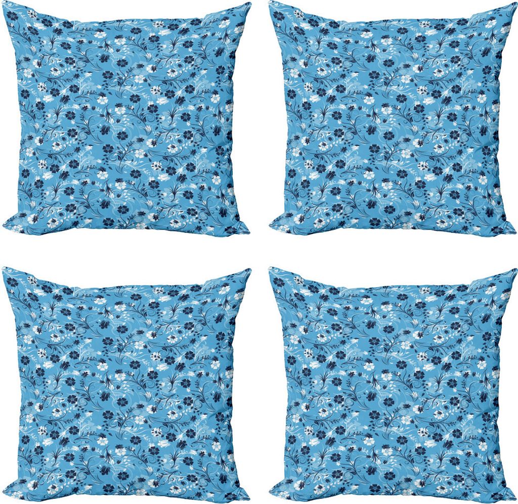 ABAKUHAUS Blumen Kissenbezug Set (4 Stück), Shabby Pflanzen Petals, Moderner Doppelseitiger Digitaldruck, 50 cm x 50 cm, Dunkelblau Weiß