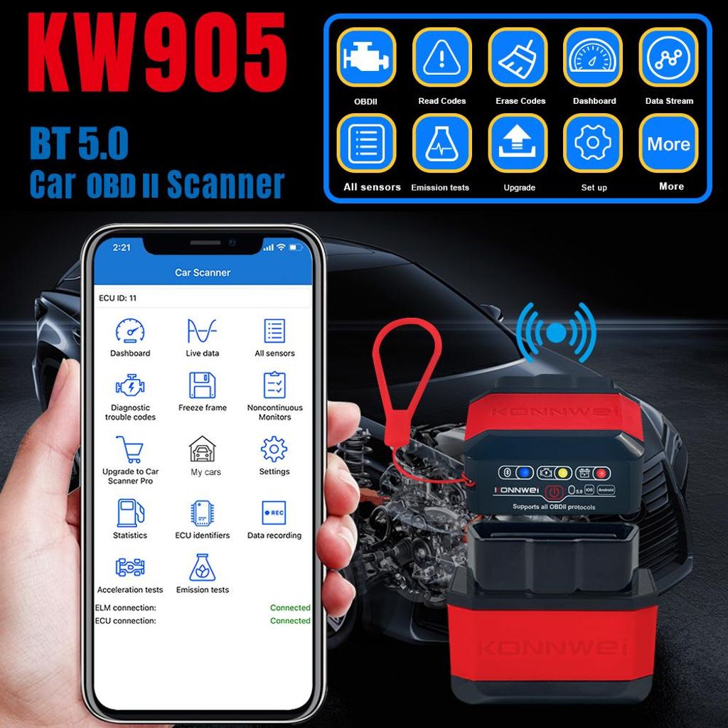 KONNWEI KW905 BT 5.0 Bezdrátové OBDII Auto Diagnostické Obrázek produktu 