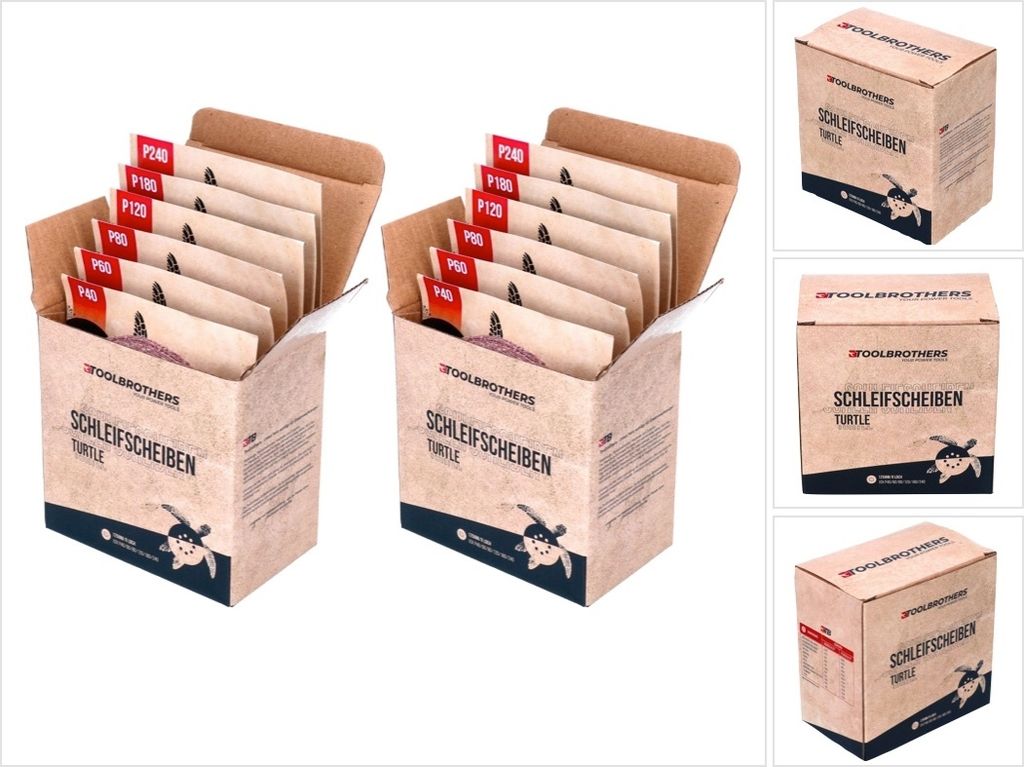 Toolbrothers TURTLE Schleifset 2 Packungen 120x Schleifscheiben 125mm Klett 8 Loch je 20x P40 / P60 / P80 / P120 / P180 / 240 für Hartholz, Weichh...