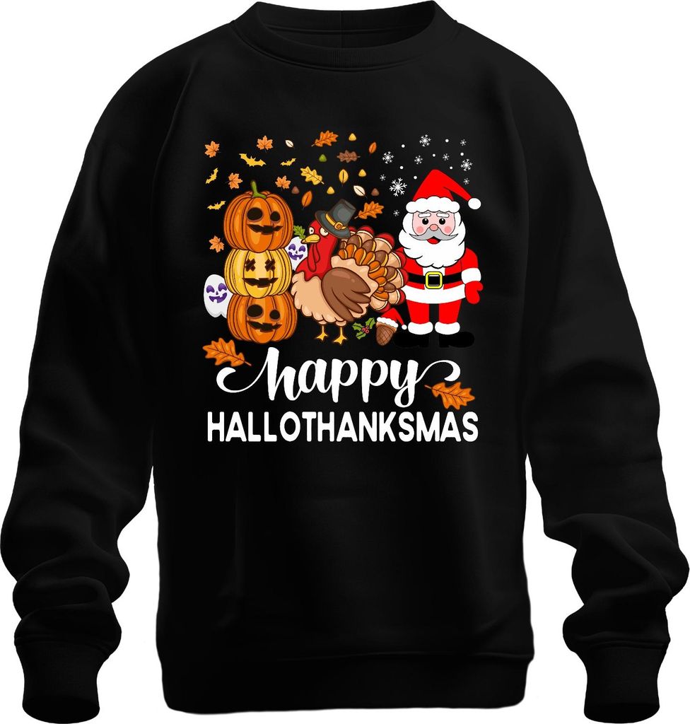 Happy Hallothanksmas Halloween Thanksgiving Turkey Santa Uni Sweatshirt Pullover, Schwarz, S