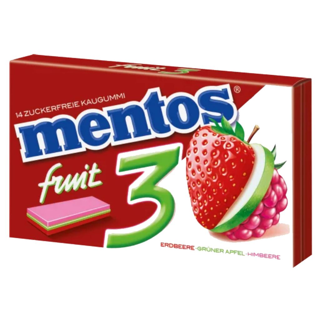 Mentos Gum 3 Fruit Erdbeere Grüner Apfel Himbeere Geschmack Produktbild 