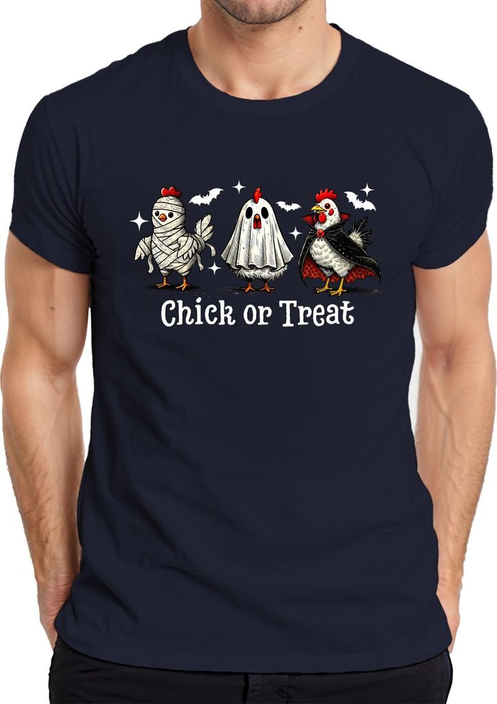 Chick or Treat Halloween Huhn Küken Kostüm Vampir Geist Mumie Herren T-Shirt, Navy, L