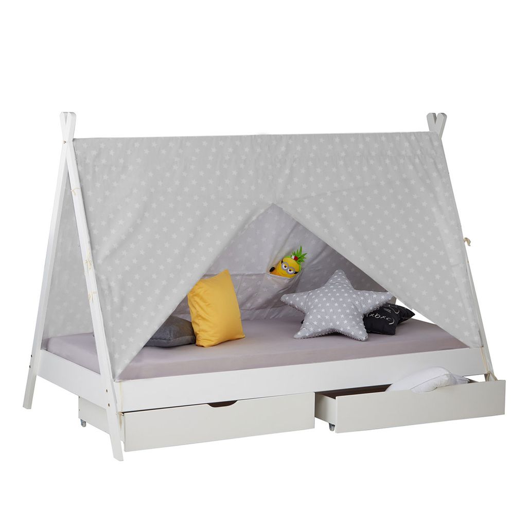 Kinder Tipi Haus Indianer Zelt Bett Kasten 90x200 cm Weiß Lattenrost Homestyle4u 