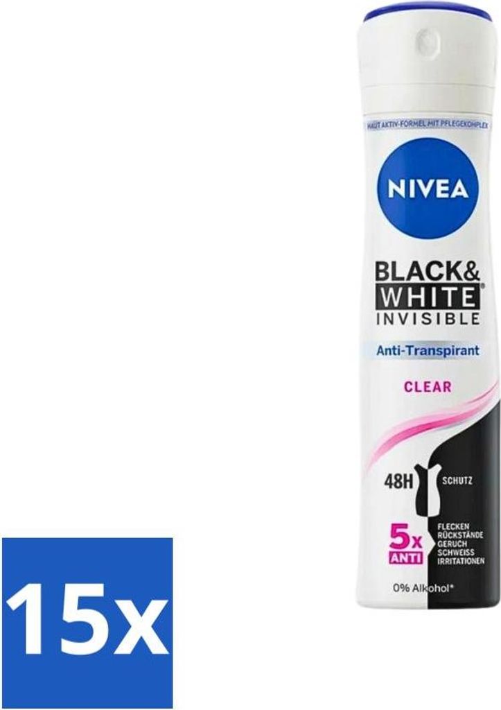 Nivea - Deodorant - Spray - Black & White Invisible Clear - Antitranspirant - 150 ml - Vorteilspack - 15 Stücke