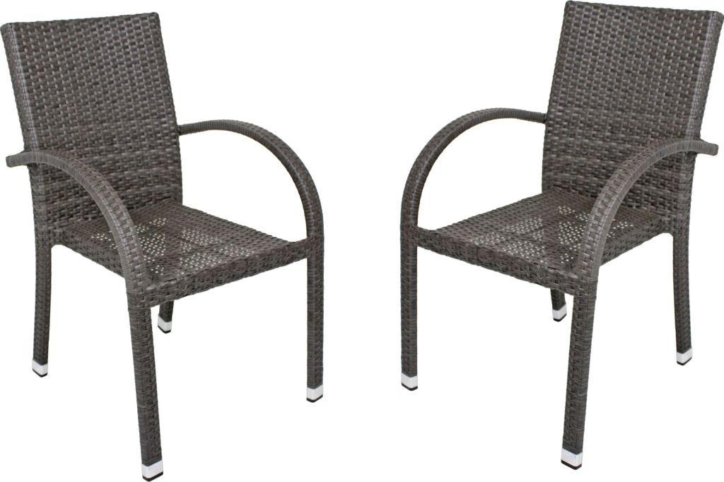 Two dark gray wicker-look chairs are shown against a white background.