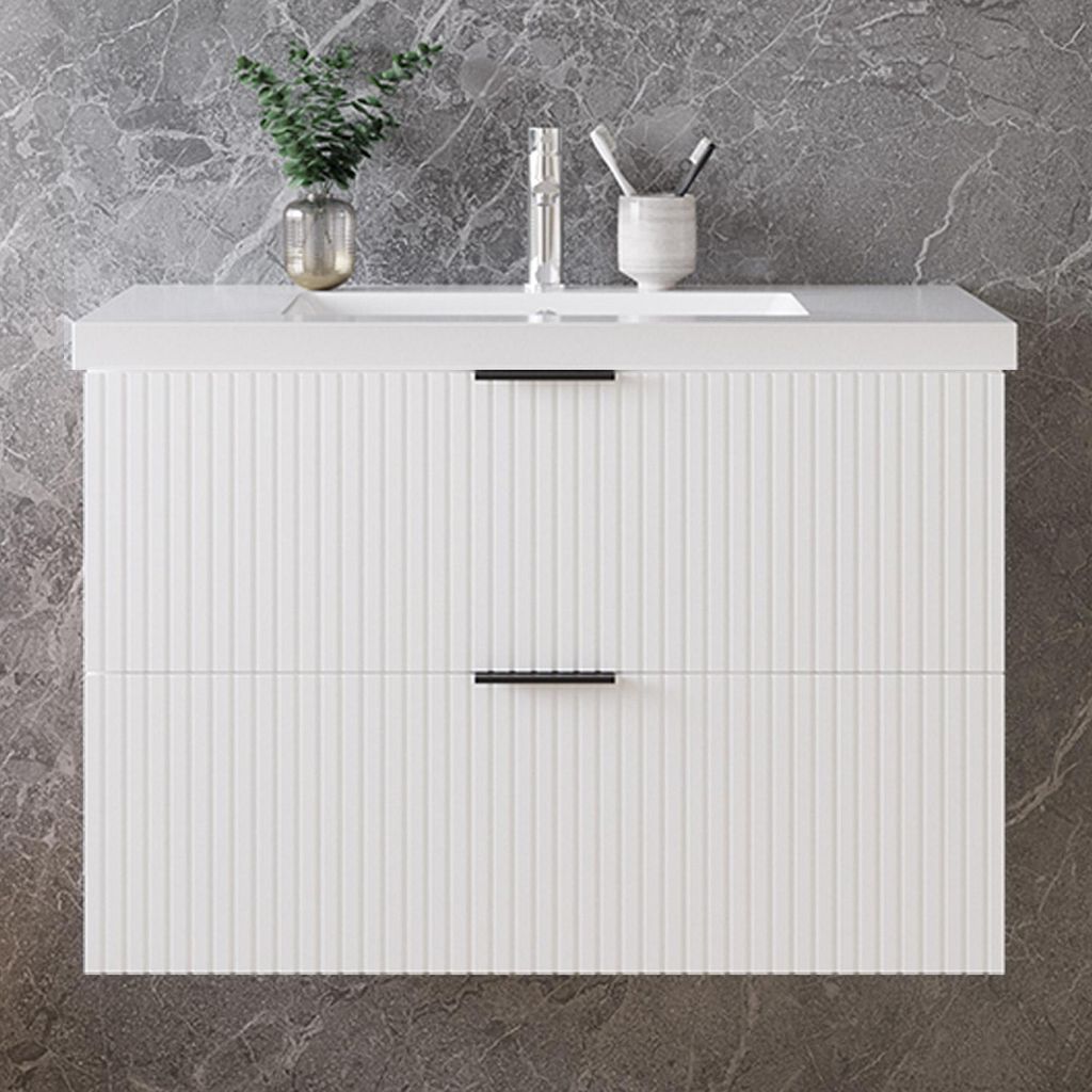 80cm Badmöbel Set Mineralguss Waschtisch mit Unterschrank Weiß Matt Badezimmerschrank mit geriffelte Schubladentüren