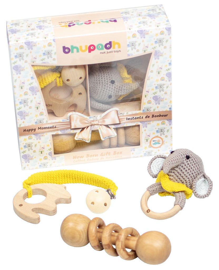 3er Set Rasseln Baumwolle Naturholz - 22 x 23 x 7 cm - Elefant | by SEVIRA KIDS
