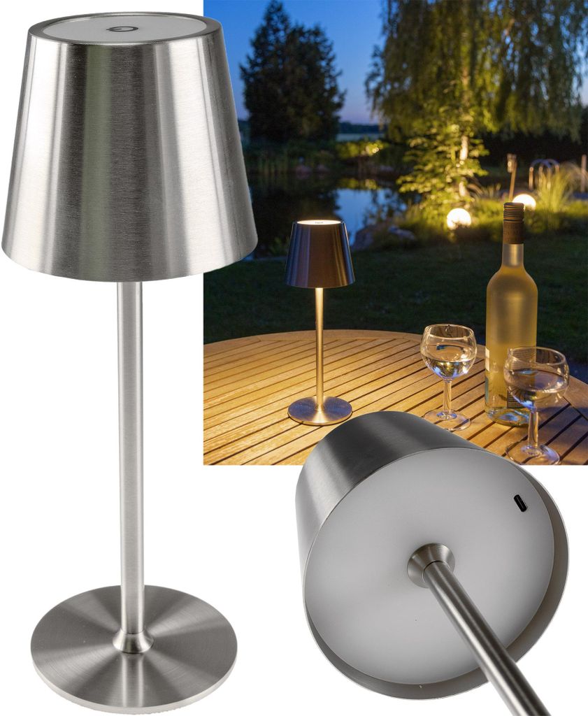 ChiliTec Tischleuchte Akku Dimmbar USB aufladbar Edelstahl Silber