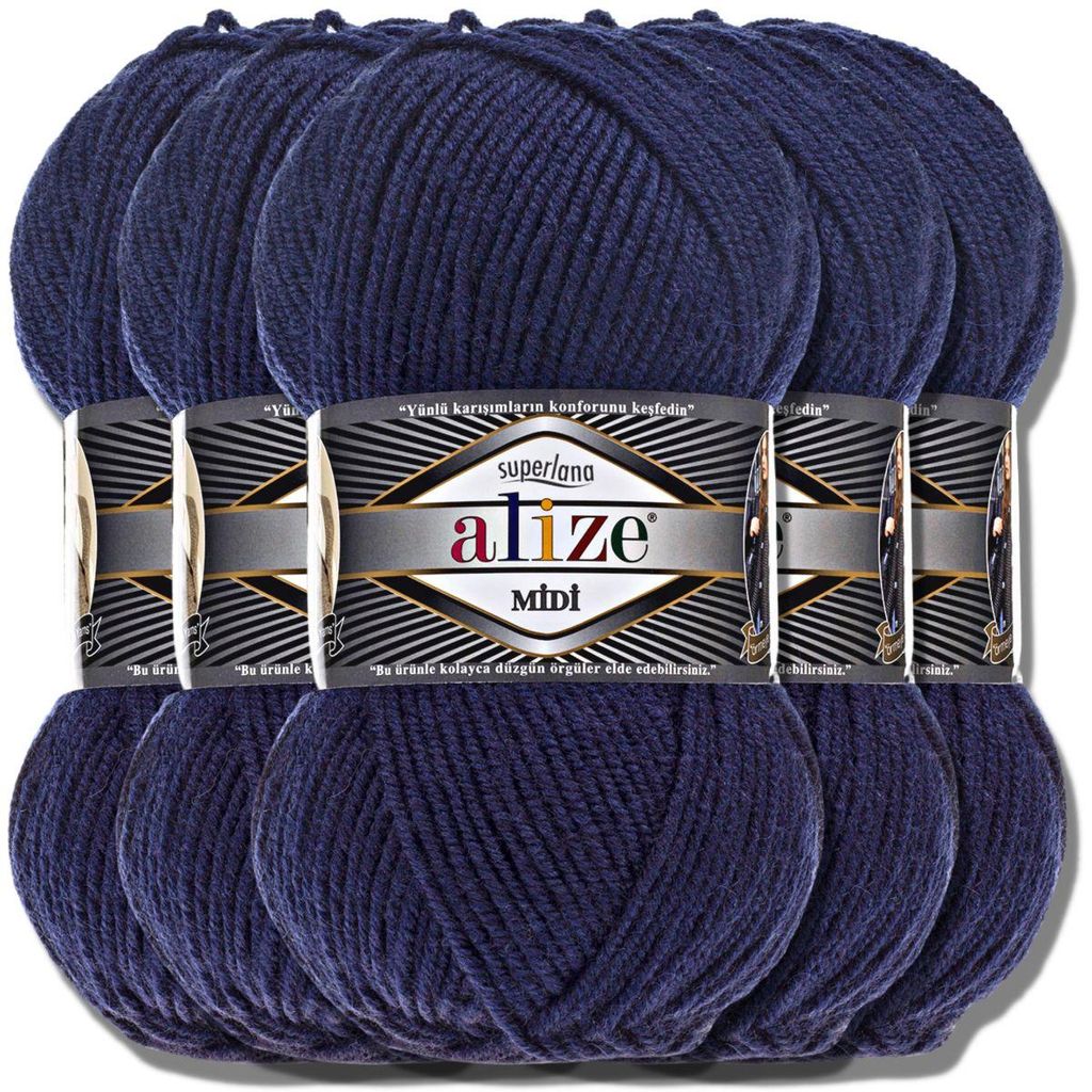 Alize 5x 100g Superlana Midi Wolle, Uni, Häkeln, Stricken (Navy | 58)