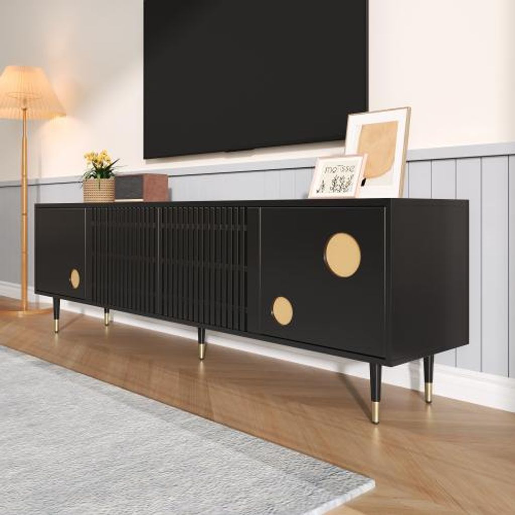 TV-Schrank 170x36x54cm Gitterstruktur Versteckte Griffe Golddekor 2 Tueren MDF Vitrine Moebel Wohnzimmermoebel Massivholz Schwarz