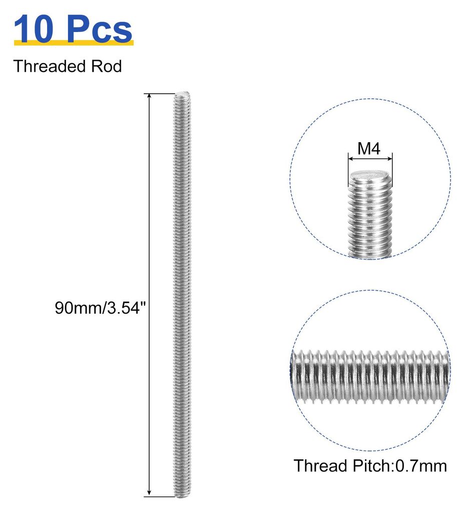 10 Stš¹ck Gewindestange M4 x 90mm Vollgewinde Stange 304 Edelstahl Rechtsgewinde St?be fš¹r Ankerbolzen, Klemmen, Haken und U-Bolzen, 0,7 Gewin...