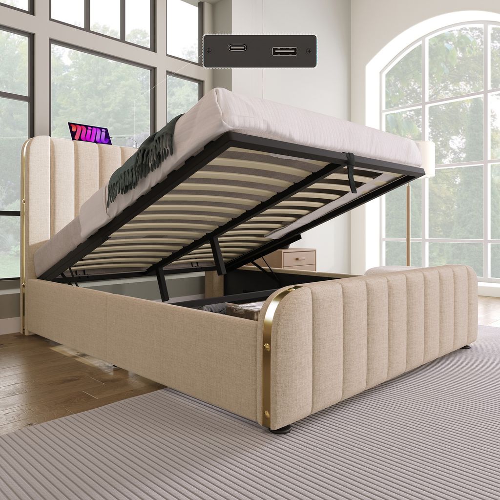 STILVORA Polsterbett Doppelbett 140×200cm Stauraumbett mit USB Typ-C Ladefunktion, Hydraulisches Lagerbett Jugendbett mit Bettkasten, Beige (mit M...