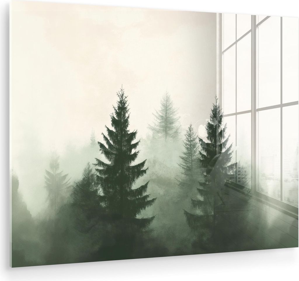 MuchoWow Glasbilder - Bilder auf Wandbild - Foto auf Glas Fichte - Bäume - Grün - Beige 80x60 cm Wanddekoration aus Glas - Acrylglasbild - Acrylb...