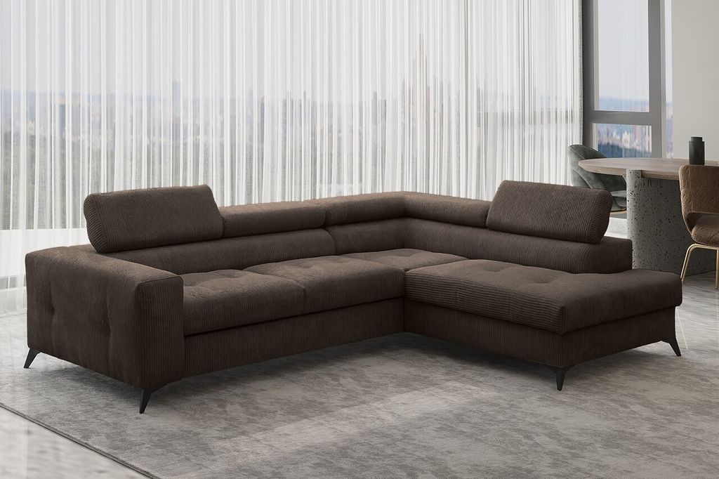 Kaiser Möbel Ecksofa mit schlaffunktion und bettkasten, Sofa L-form, Couch L-form Arcadi Dicker Cord Dunkelbraun Rechts