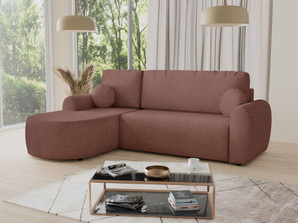 Ecksofa Jazz mit Schlaffunktion und Bettkasten - Bouclé-Stoff - L-Form Couch, Polstersofa, Schlafsofa, Sofagarnitur, Bettsofa (Rosa (Coral 45), Ec...