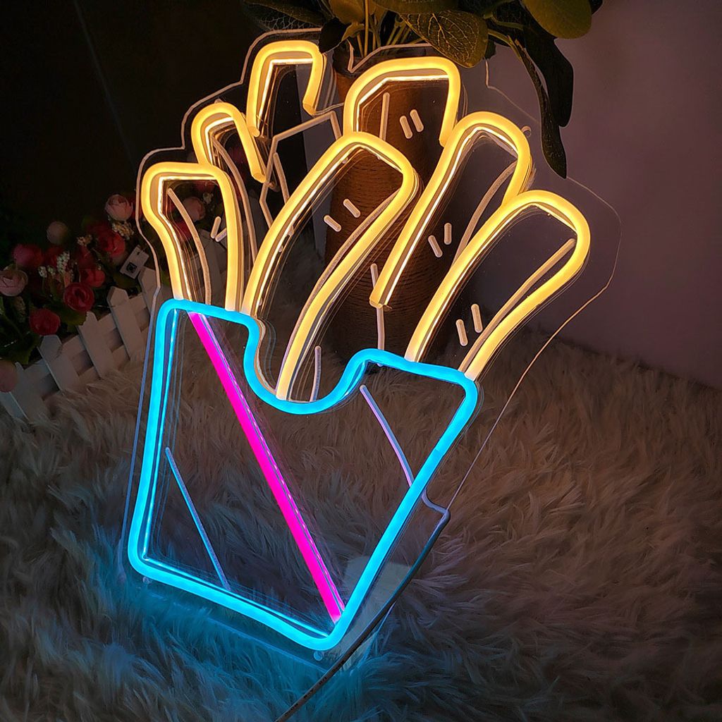 Werbeschild Neonschild Dekolicht Wandlampe Designerlampe Formlampe Wandleuchte für das Esszimmer Luminous Advertisement Lampe im Pommes-Design