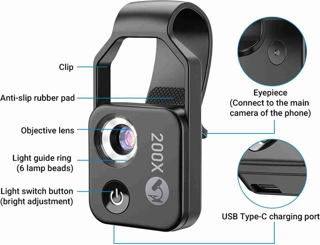 Mini microscope smartphone 200x - Loupe numérique pour bijoux et nature