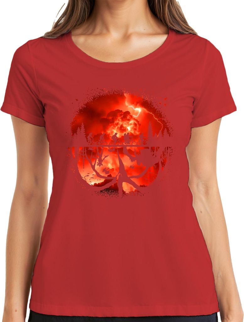 Upside Down Kinder auf Fahrrädern Monster Horror 80er Retro Damen T-Shirt, Rot, L