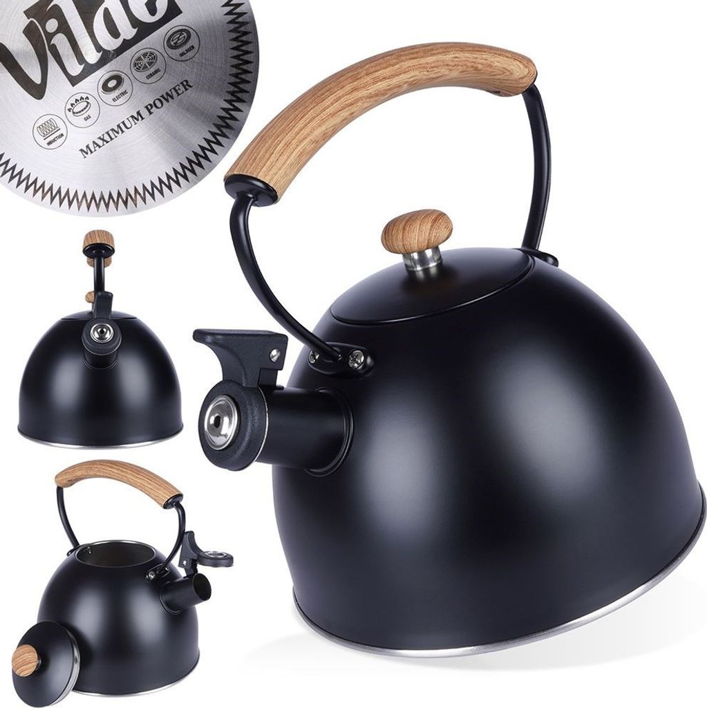 Vilde Wasserkocher Wasserkessel Flötenkessel Pfeifkessel aus Edelstahl schwarz 2,5 L