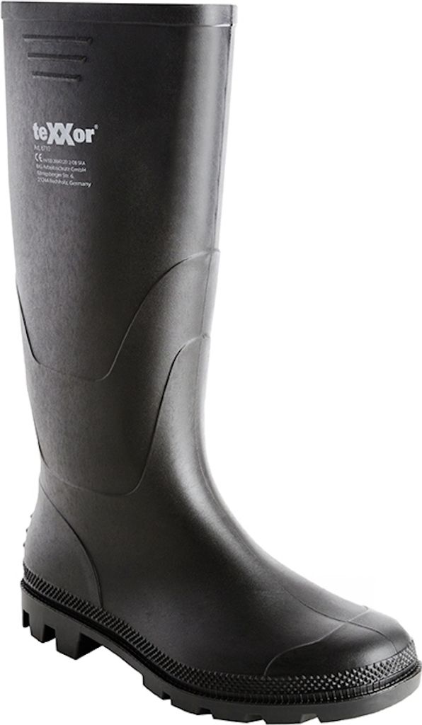A black rubber boot on a white background.