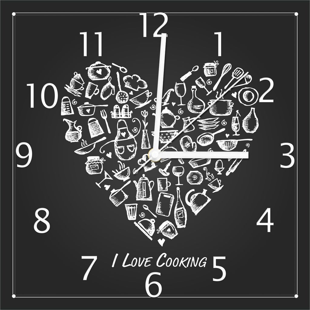Wallario Design Wanduhr I Love Cooking - Herz aus Küchenutensilien in schwarz weiß aus Echtglas, Größe 30 x 30 cm