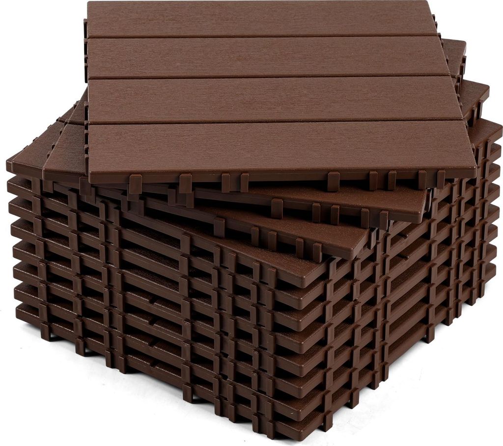 Bettizia 11 Stück Terrassenfliesen 1 qm, 30x30cm Kunststoff Fliesen Klickfliesen Balkonfliesen Holzoptik, Wetterfest, Anti-Rutsch, Braun 4-Streifen