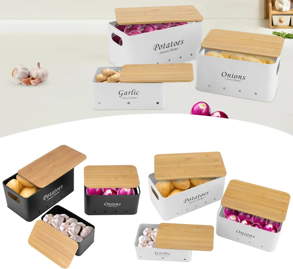 Set de 3 boîtes de rangement oignons ail pommes de terre blanc métal - 5