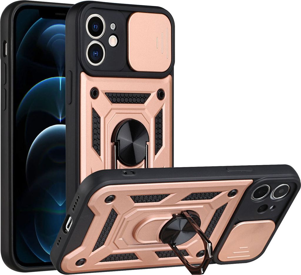 iPhone 12 Hülle mit 360° Drehbarer Magnetische Ring Ständer Halter Dia Kameraschutz TPU Bumper Silikon Schutzhülle für iPhone 12 Rosa