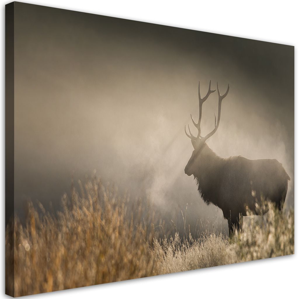 Leinwandbild Hirsche im Nebel Natur 100x70 Feeby Beige bild für die wand bereit zum aufhängen