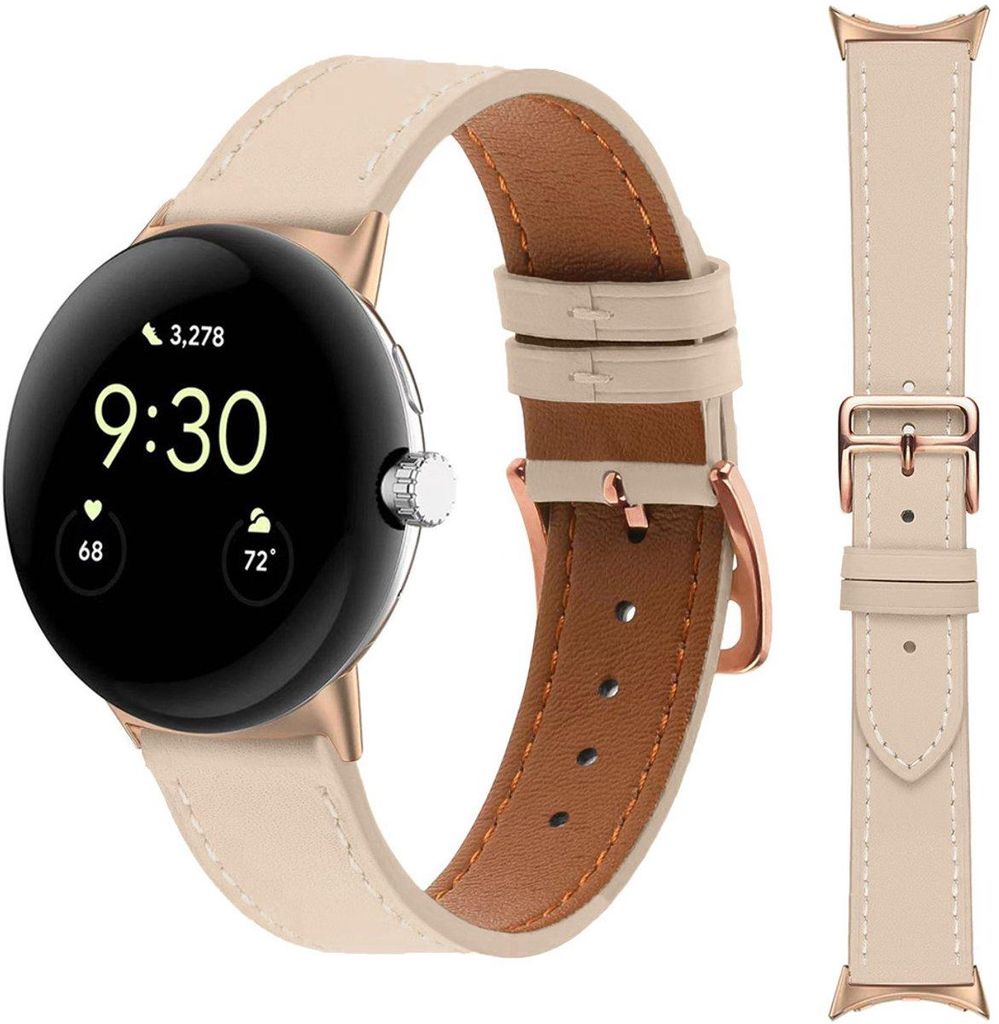 Stravo Premium Slim Echtleder Uhrenarmband 41 mm, passend für Google Pixel Watch 1/2/3/4, Roségold - Beige