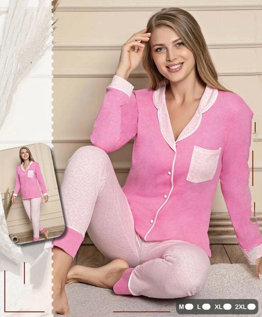 Damen Pyjama Schlafanzug Lang Baumwolle Rosa L mit Knöpfen Produktbild 