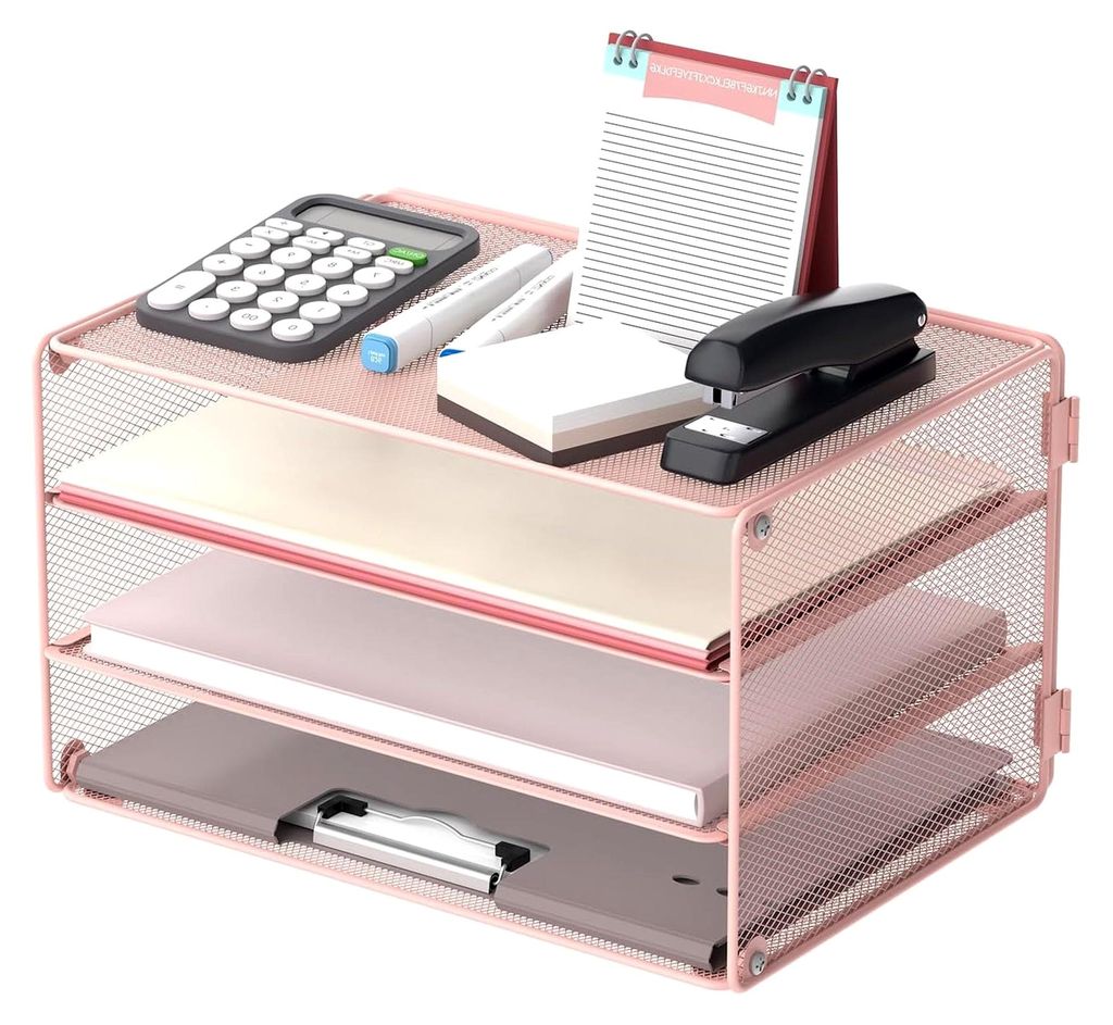 3-stufiger Briefablage Papierorganisator aus Metall für den Schreibtisch, Rosa
