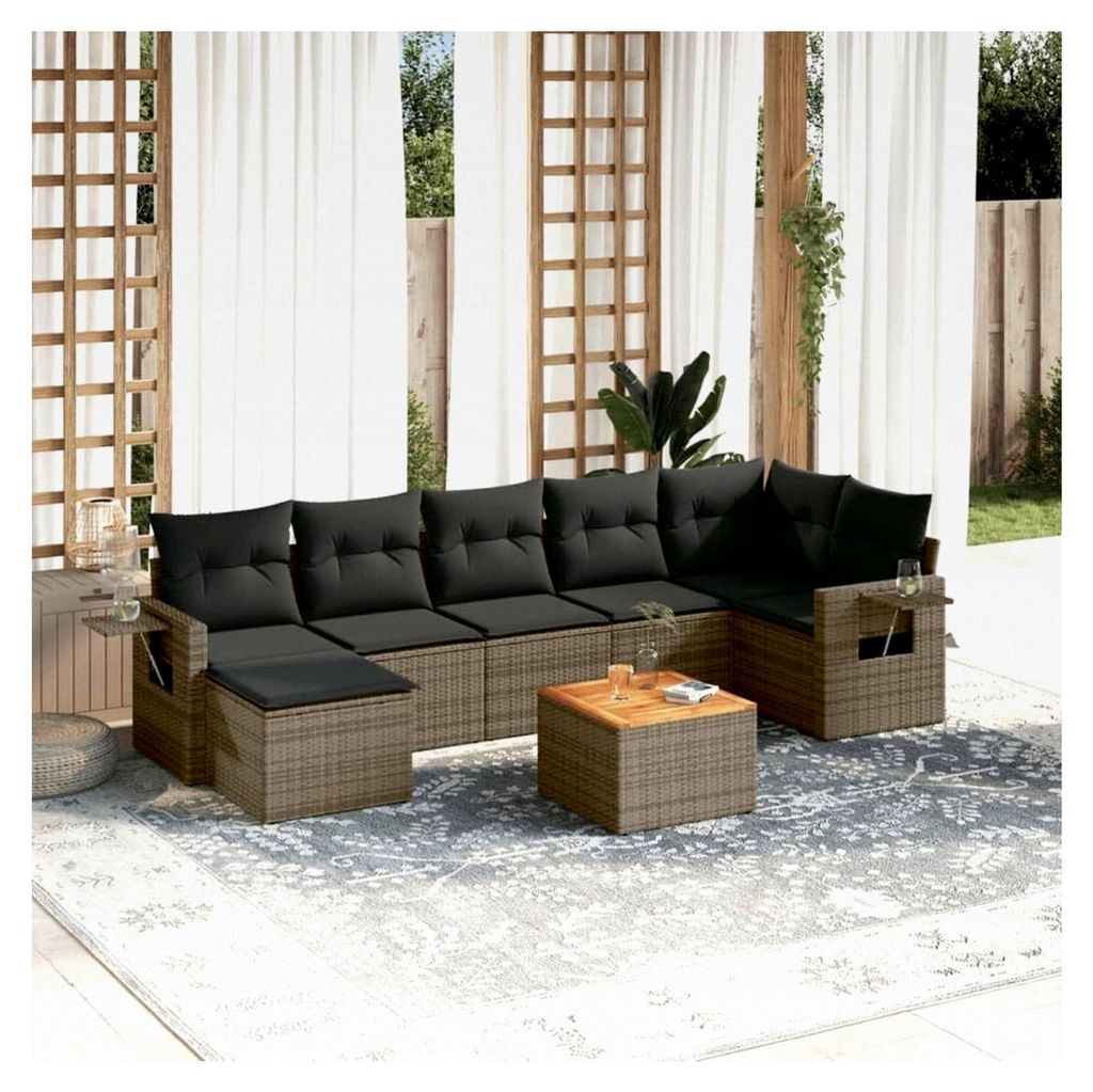 8-teiliges Gartensofa-Set mit grauen Kissen aus Polyrattan, Loungeset für den Außenbereich
