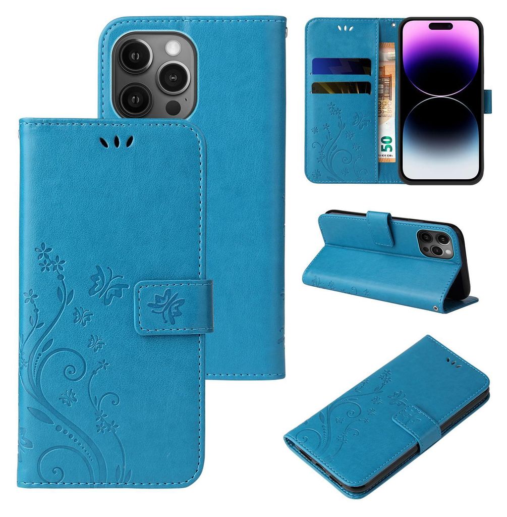Handyhülle für Apple iPhone 14 Pro Floral Blumen Schmetterling Flip Cover Hülle Case Klapphülle Handytasche Farbe: Blau