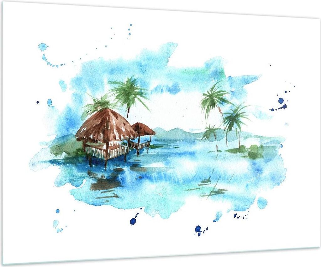 Bilder auf glas - Tropen Wasser Bungalow Ufer - 100x70cm - Glasbilder - Wandbilder - Kunstdruck - zum Aufhängen bereit - Wanddekoration aus Glas -...