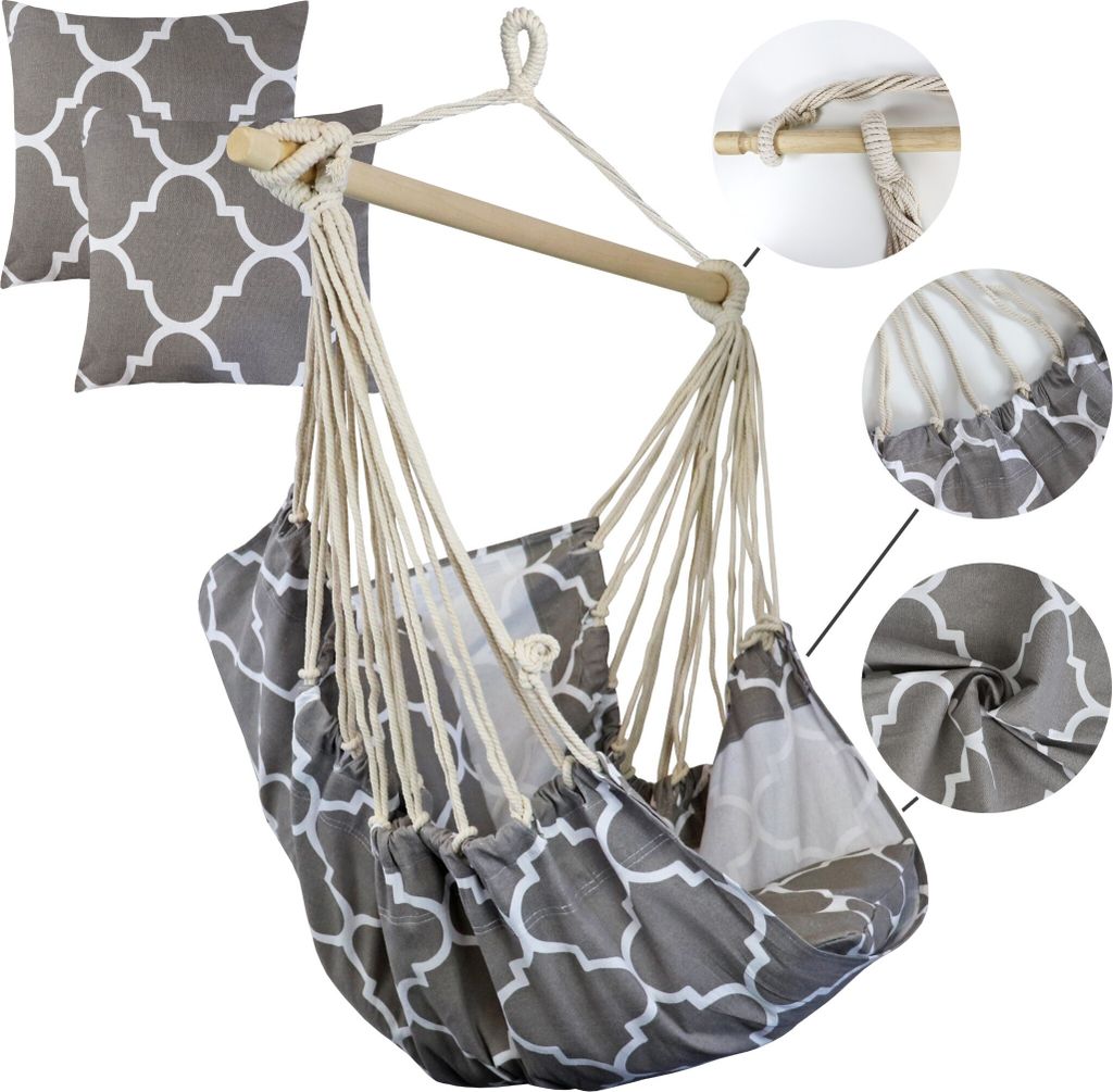 Domarex Hängesessel 120x100 cm mit Kissen – Schaukel Indoor Outdoor für Kinder – Deko Chair für Balkon Garten – bis 120 kg - Grau Novia