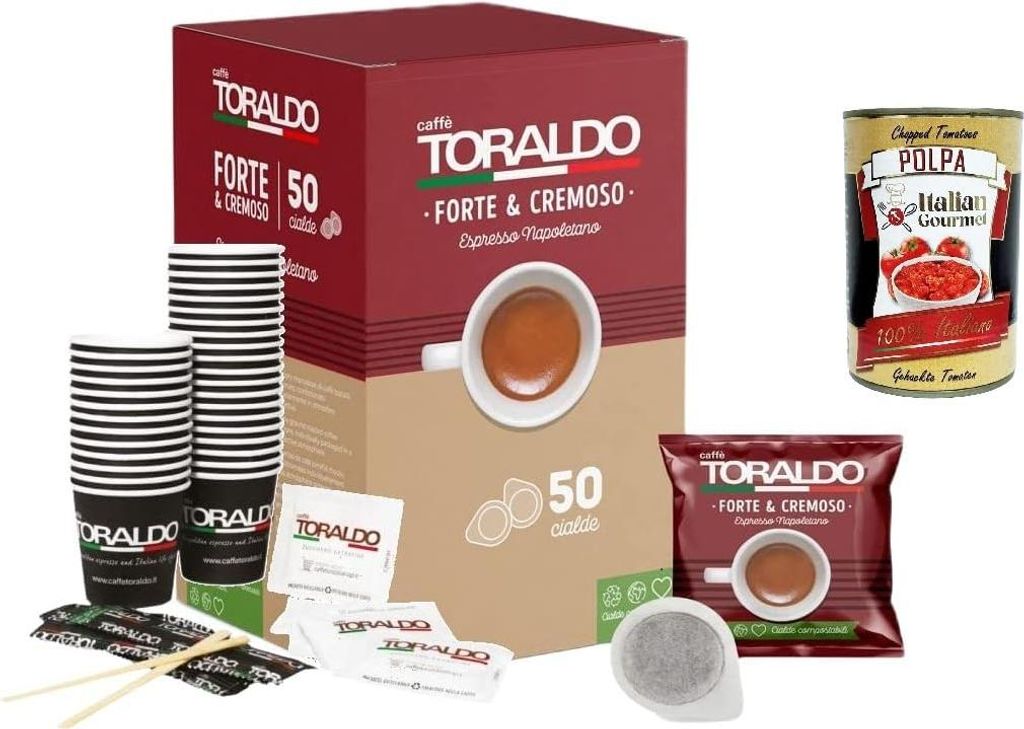Caffè Toraldo Forte & Cremoso Kit – Espresso Napoletano, 50 E.S.E. 44 mm Cialde + Becher, Zucker, Rührstäbchen, dunkle Röstung, kompostierbar...
