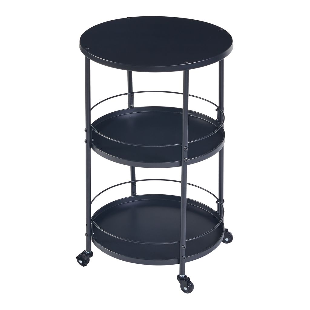 A black metal serving cart with three round shelves and wheels, shown against a white background.