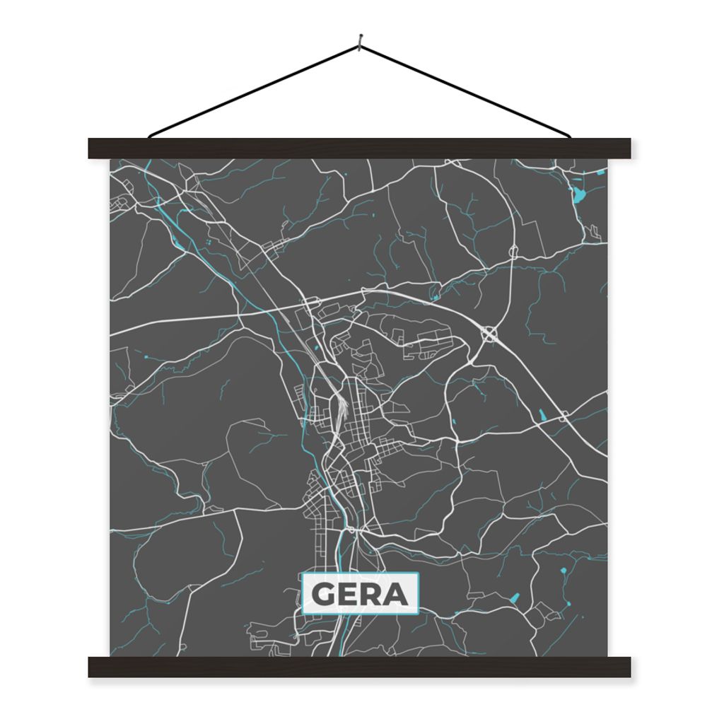 MuchoWow Textilposter Karte - Stadtplan - Gera - Deutschland - Blau 120x120 cm mit schwarzem Rahmen - Aufhängungsset