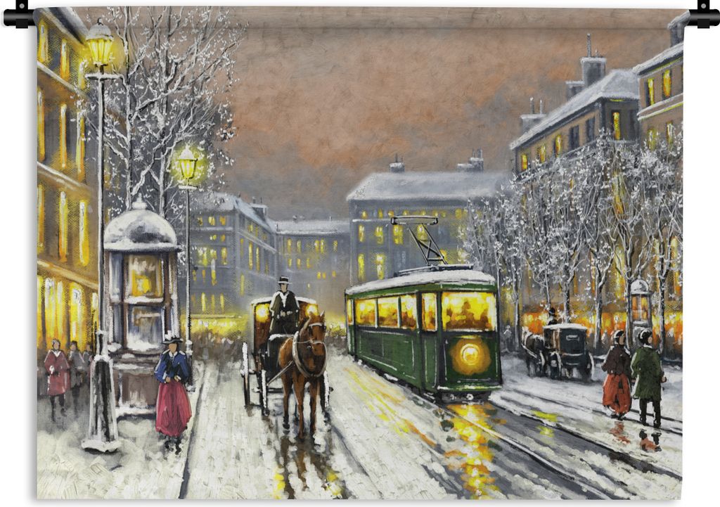 MuchoWow Wandteppich Wandbehang Gemälde - Winter - Straßenbahn - Pferd - Stadt - Öl 120x90 cm Tapisserie Dekoration Wandtuch - Wohnen - Aufhä...