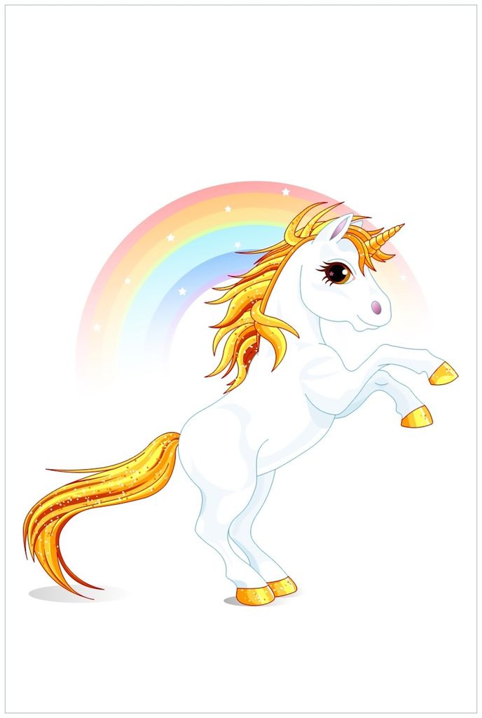 Wallario Premium Glasbild, freischwebende Optik, kräftige Farben, Größe 90 x 60 cm Motiv Weißes Einhorn vor einem Regenbogen