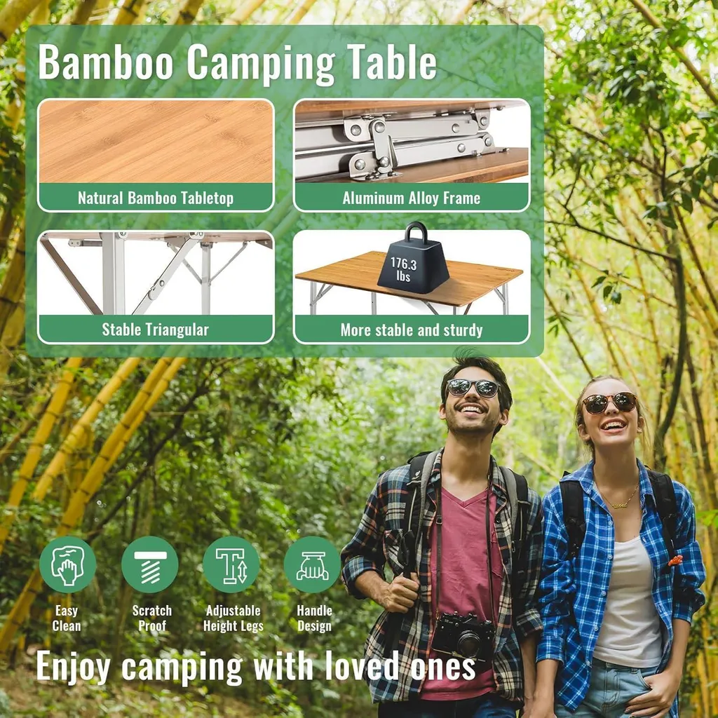 Table de Camping Bambou Hauteur Réglable 120x70 cm KingCamp Robuste - 4