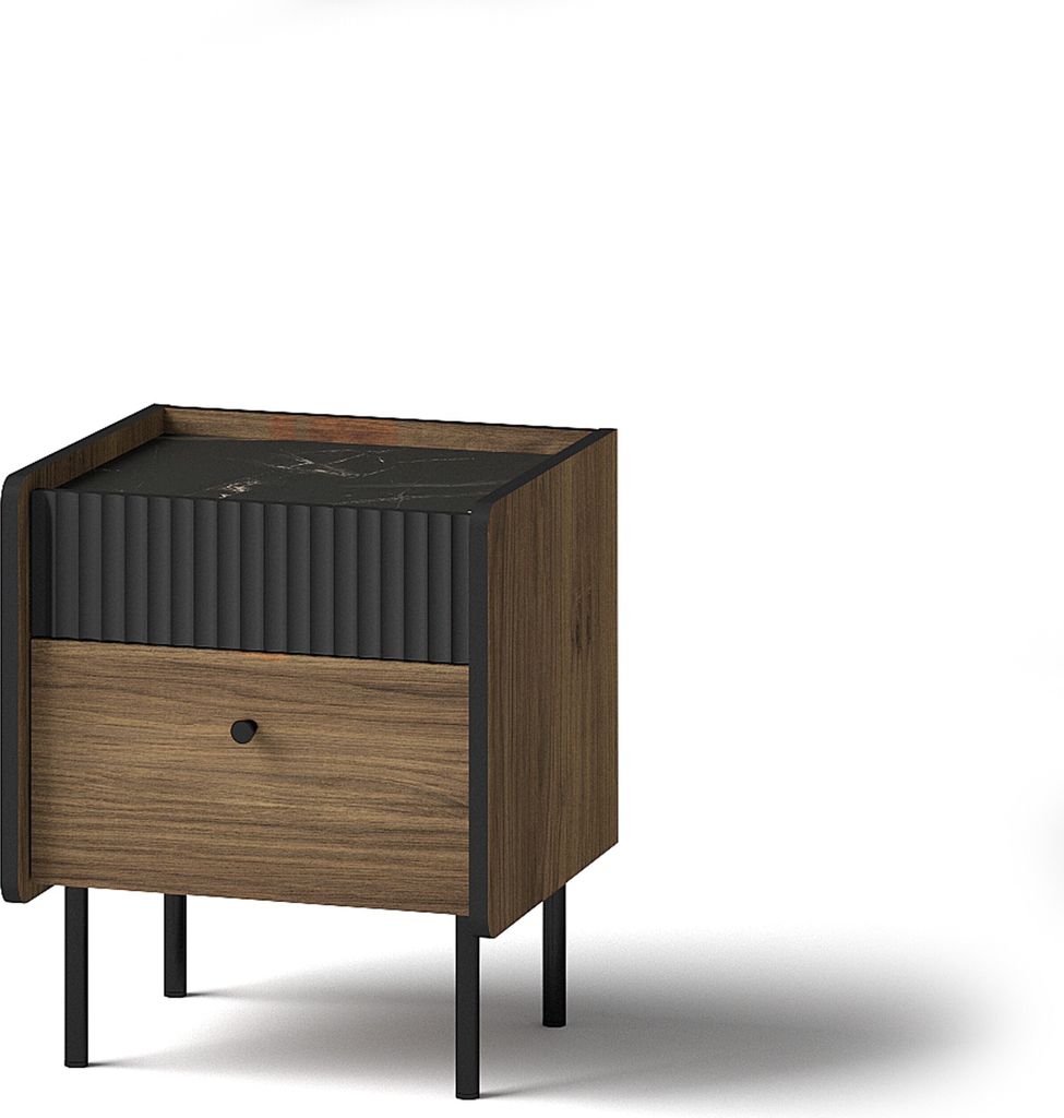 Geriffelter Nachttisch auf hohen Beinen PRESTIGO Schwarz + Nussbaum