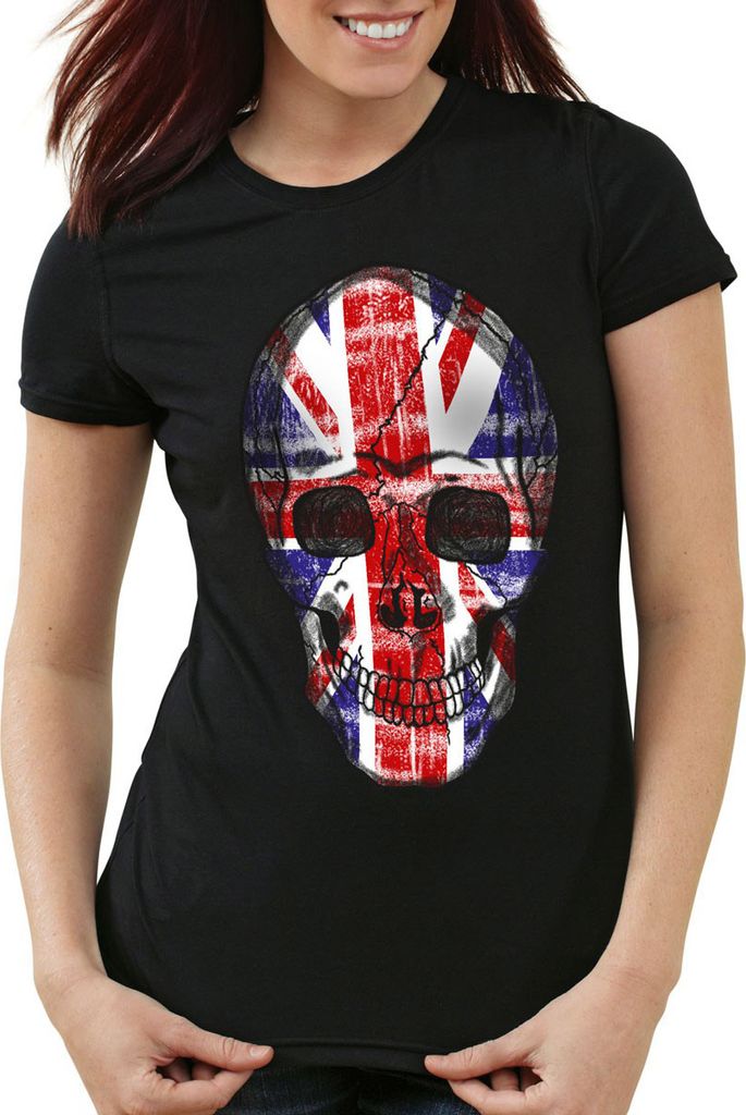 style3 Great Britain Skull Damen T-Shirt Totenkopf England Flagge Oberteil Jack Union Kostüm, Farbe:Schwarz, Größe:2XL
